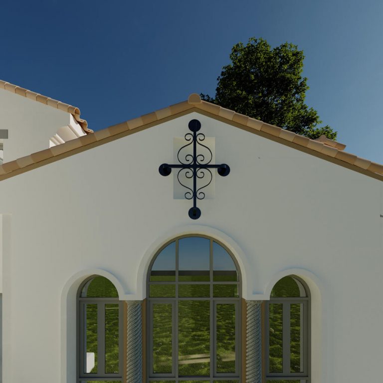 Decorative iron accent grille mounted on a home's gable